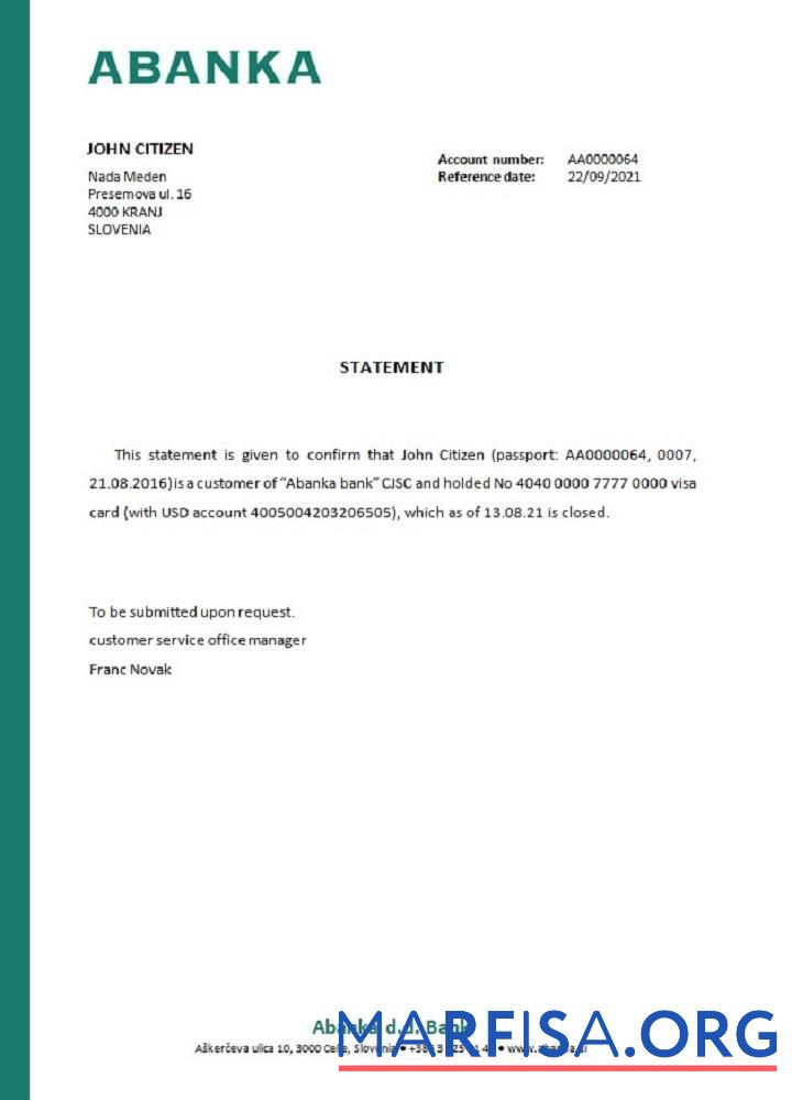 Blank Slovenia Abanka closure reference example